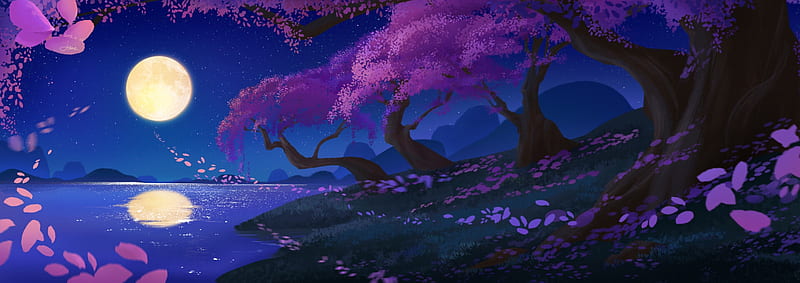 Moonlight, sakura, moon, spring, cherry blossom, jane li, water, moon, fantasy, tree, purple, dark, na, pink, sakurqa, night, blue, reflection, HD wallpaper
