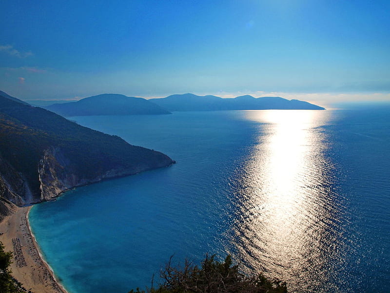 Ionian Island, ocean, nature, sunset, island, reflection, mountins, HD wallpaper