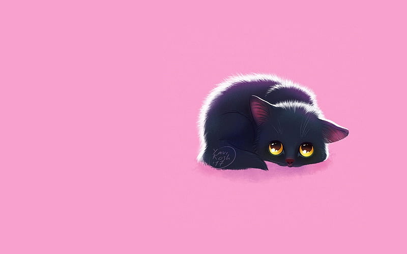 Blackie, cute, black, cat, kitten, victoria osheleva, pink, animal, pisica, HD wallpaper
