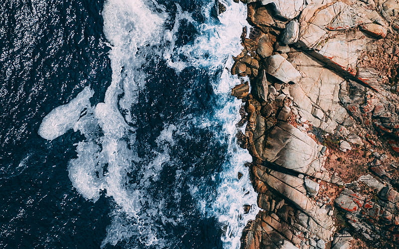 rocky coast, aero view, ocean, waves, stones, rocks, aerial view, HD wallpaper