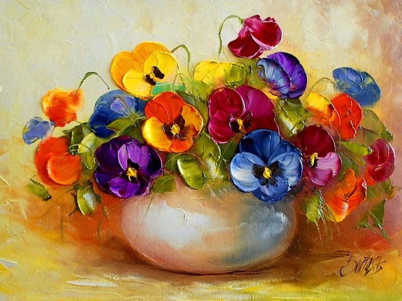 Still life, pretty, colorful, lovely, violets, pot, bonito, nice, pansies, flowers, harmony, HD wallpaper