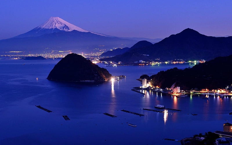 Mount Fuji View, mount, dusk, sky, sea, lights, nature, reflection, night, fuji, coast, HD wallpaper