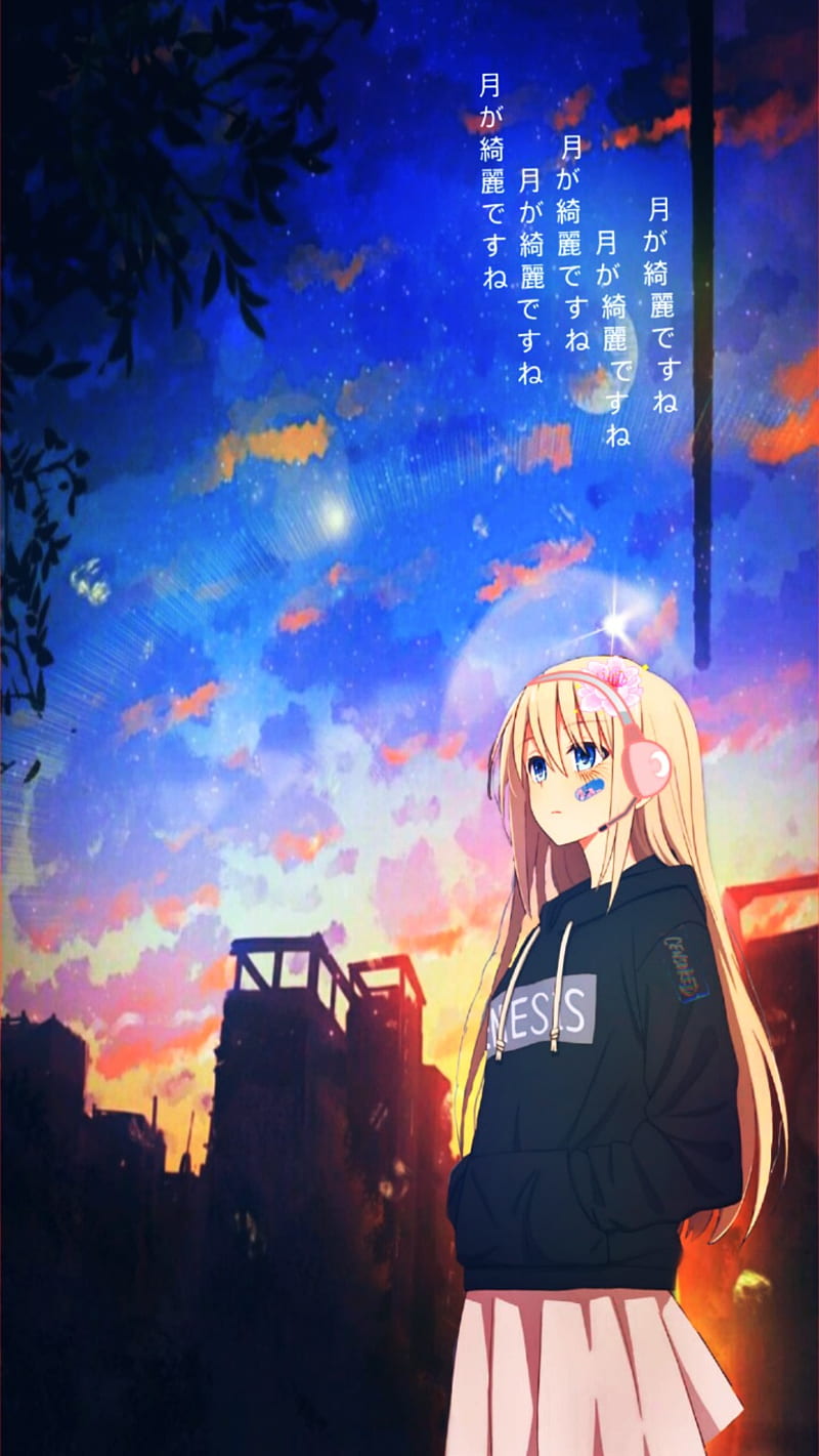 Gamer anime girl, cloud, sky, city, street, sunset, colors, HD phone wallpaper
