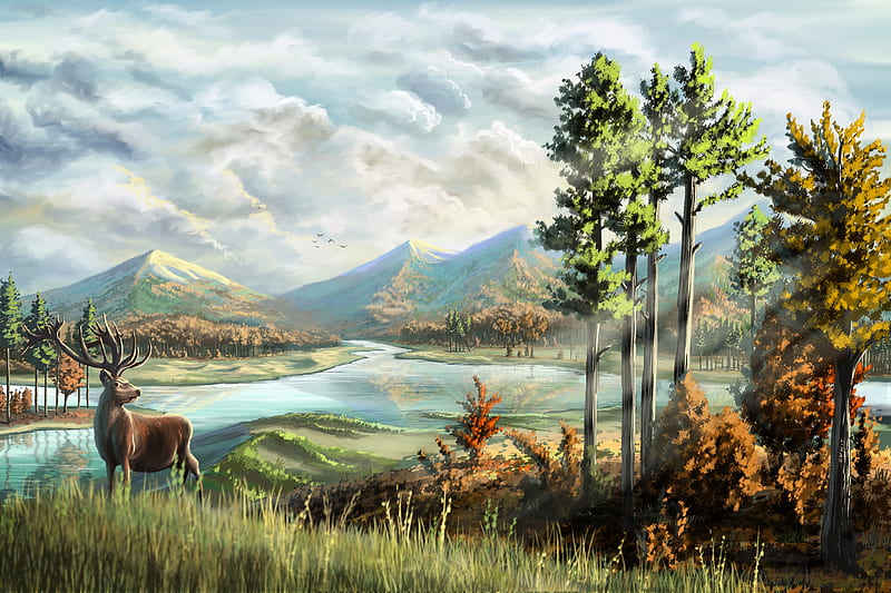deer, horns, river, mountains, art, HD wallpaper