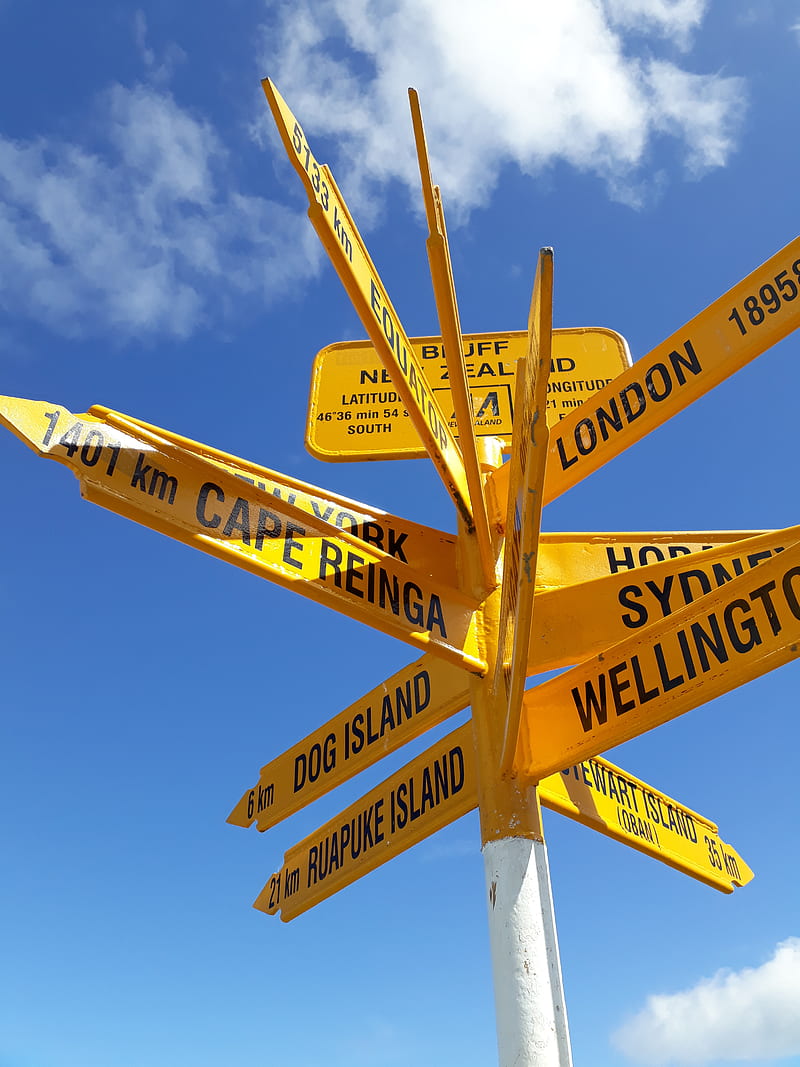 Signpost, blue, sign, travel, white, yellow, HD phone wallpaper