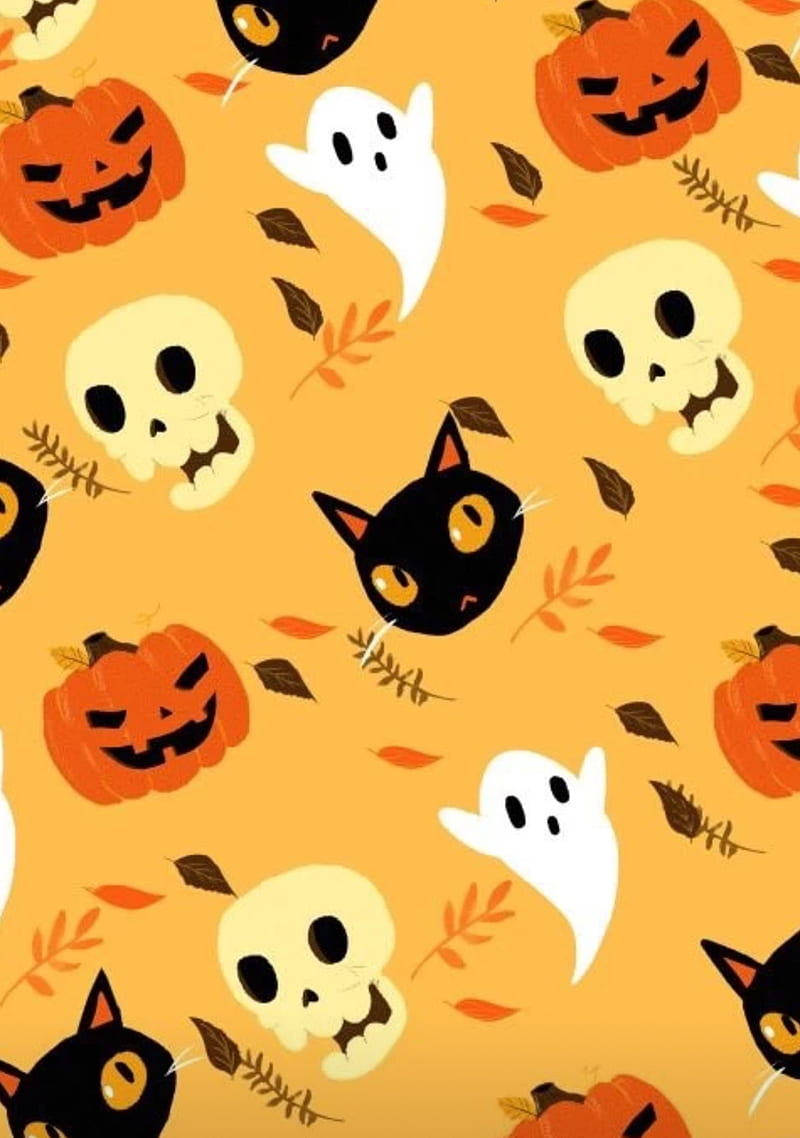 Cartoon spooky , halloween, cat, ghost, skull, pumpkin, holiday, HD phone wallpaper