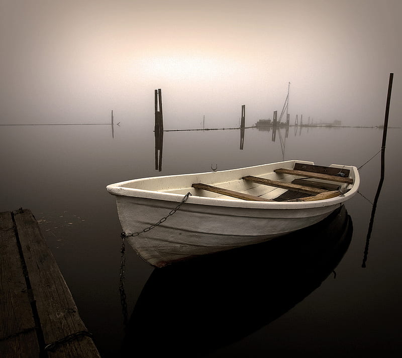 Morning fog, boats, water, personal boat, morning, lake, fog, HD wallpaper