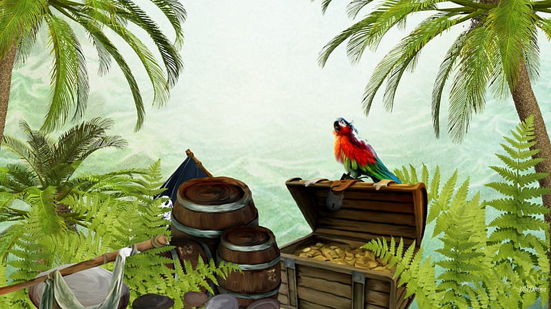 Treasure Island, fairy tale, fern, barrel, parrot, gold, green, bird, palms trees, tropic, story, treasure, turnk, island, HD wallpaper