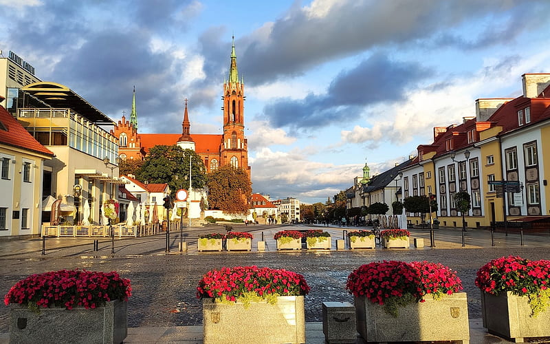 Bialystok, Poland, city, church, square, houses, Poland, streetscape, HD wallpaper