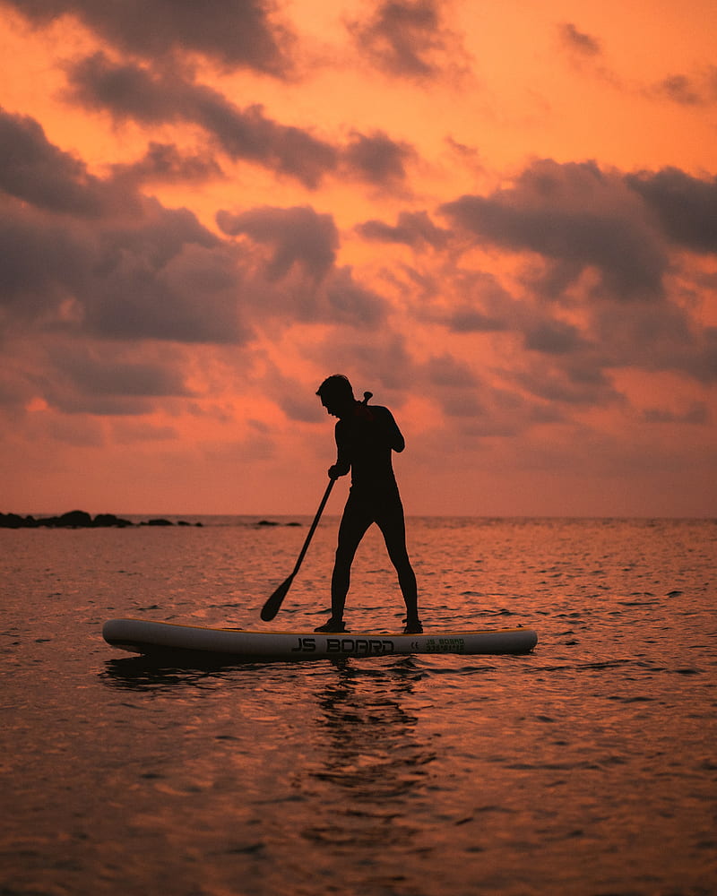 man, silhouette, alone, boat, water, sunset, dark, HD phone wallpaper