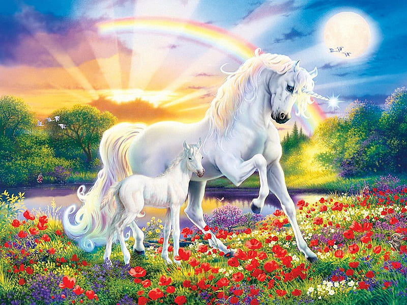 Glow In The Dark, unicorns, artwork, moon, painting, flowers, foal, sunset, HD wallpaper