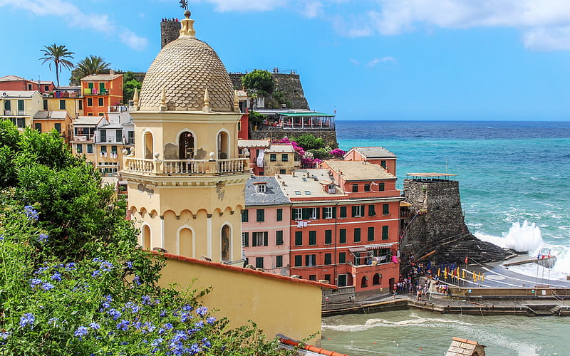 Vernazza, Cinque Terre, sea, summer, coast, Mediterranean Sea, Italy, HD wallpaper