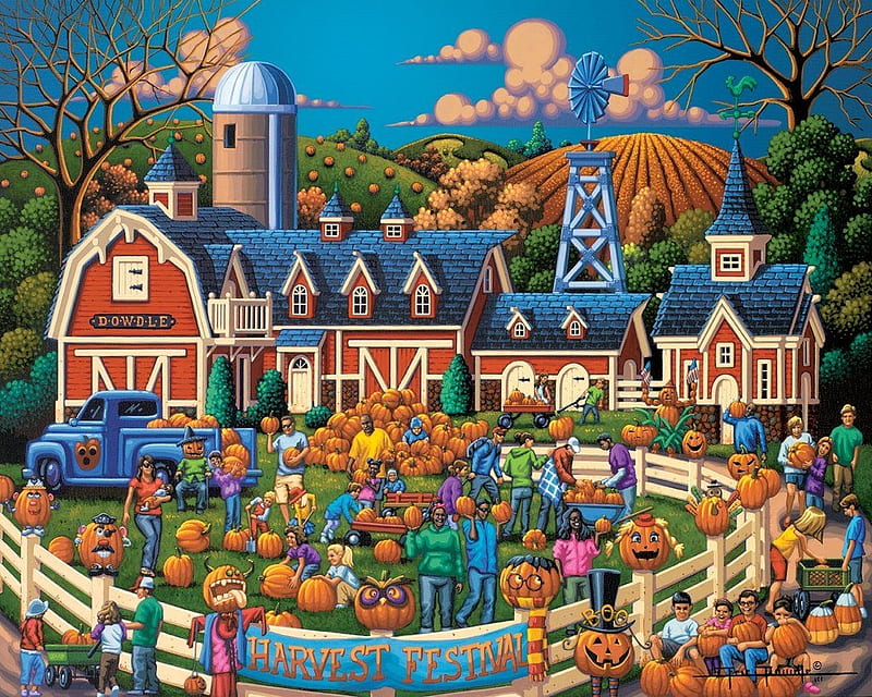 Harvest Festival, painting, art, pictura, festival, eric dowdle, pumpkin, autumn, toamna, HD wallpaper