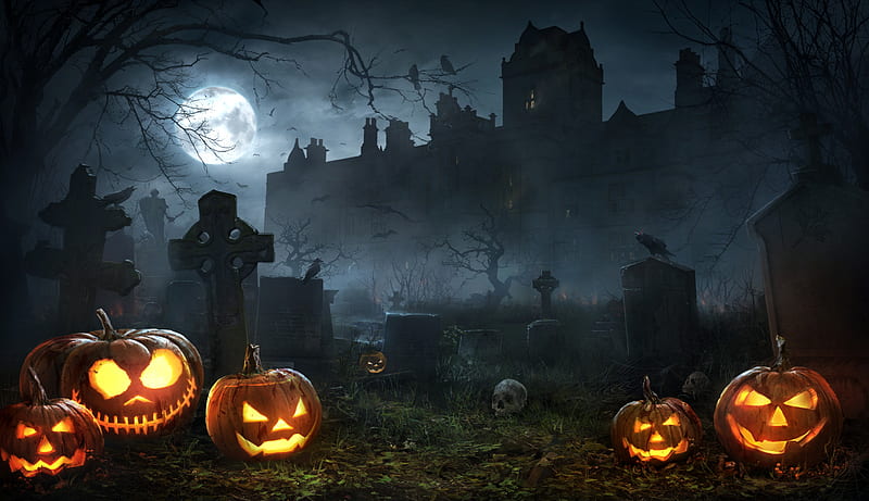 Halloween, Night, Holiday, Cemetery, Graveyard, Jack O' Lantern, HD wallpaper