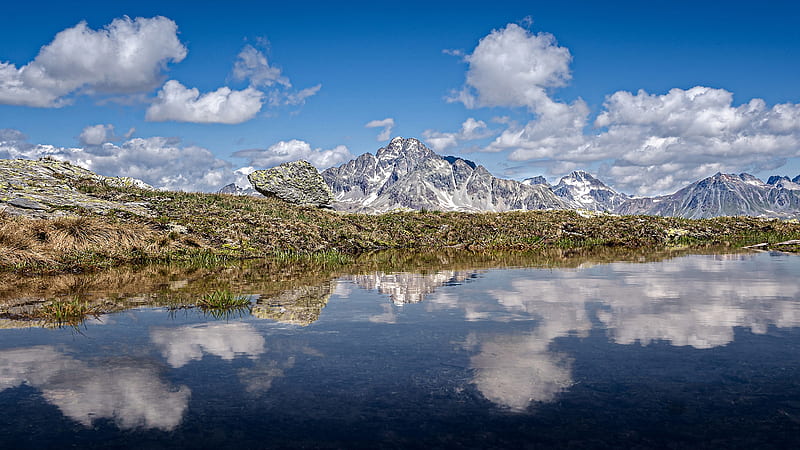 Panorama Switzerland Mountain Reflection On Lack With Blue Sky And Clouds Background Nature, HD wallpaper