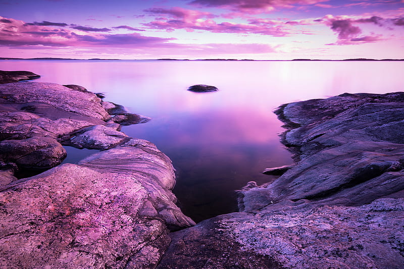 lake, stones, landscape, shore, clouds, purple, HD wallpaper