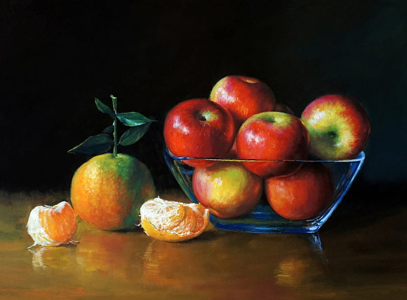 Fruits, apple, art, orange, painting, glasss, bowl, HD wallpaper