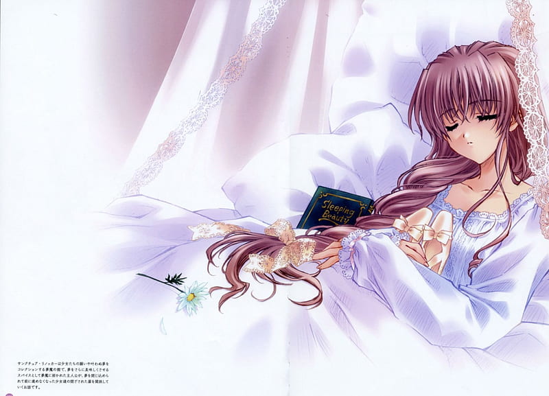Carnelian, girl, fairy tale, anime, sleeping beauty, princess, sleeping, pink, HD wallpaper