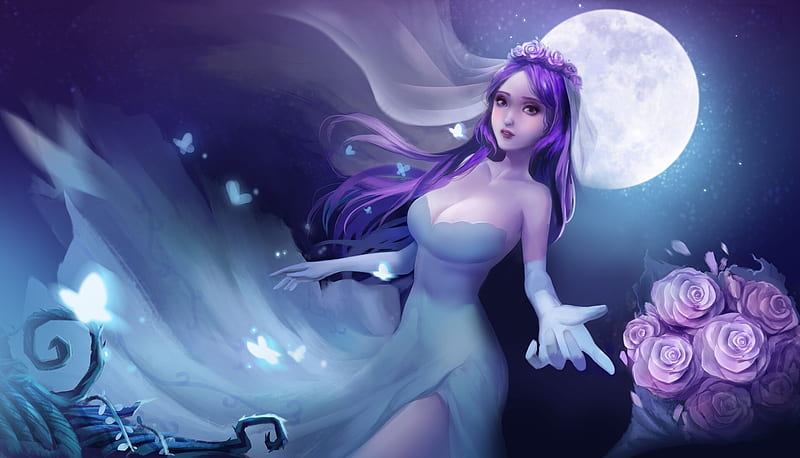 Death Bride, luminos, girl, l2, bride, l2art, fantasy, moon, purple, blue, HD wallpaper