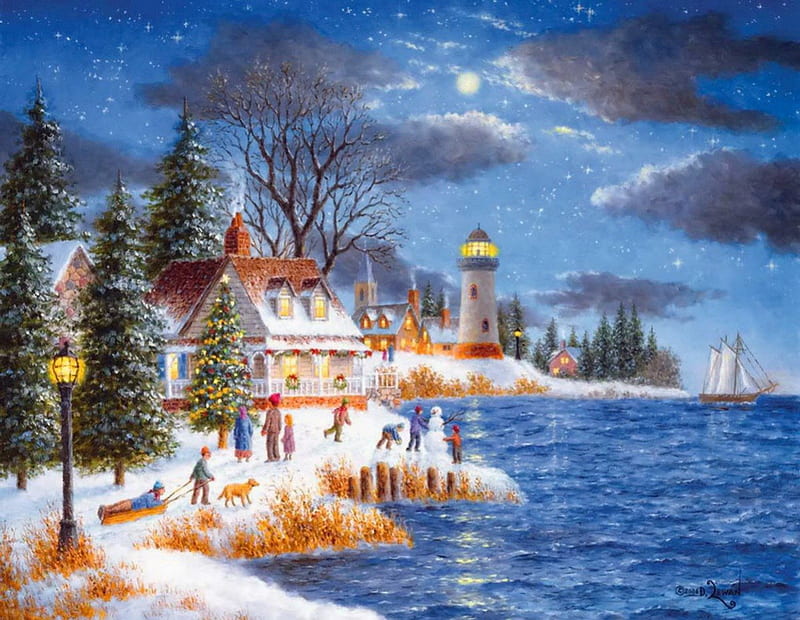 Christmas on the coast, pretty, colorful, house, cottage, lantern, waterm shore, cabin, bonito, clouds, sea, lights, nice, village, reflection, kids, playing, calmness, lovely, holiday, christmas, ocean, decoration, fun, new year, waves, sky, joy, winter, serenity, snow, peaceful, coast, HD wallpaper
