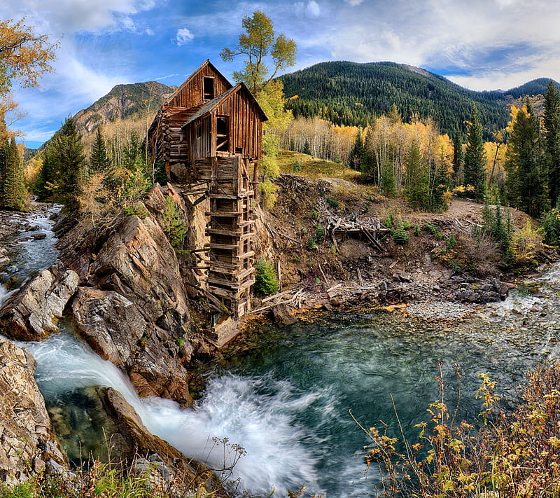 River Cabin, building, forest, stream, wooden, HD wallpaper