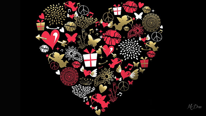 Heart of Love, music, angel, butterflies, cherub, Valentines Day, gold, love, heart, peace symbol, Firefox Persona theme, HD wallpaper