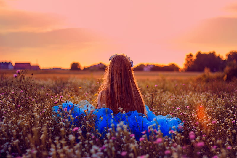 Magical Sunset, field, girl, beauty, flowers, sunset, sky, clouds, HD ...