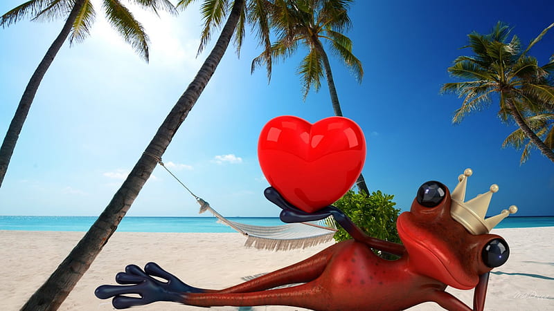 I Give You My Heart, vacation, romantic, palm, prince, hammock, sky, sexy, frog, beach, Valentines Day, sand, heart, crown, island, tropics, tropical, HD wallpaper
