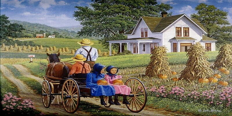 country life, farm, house, cart, horse, kids, HD wallpaper