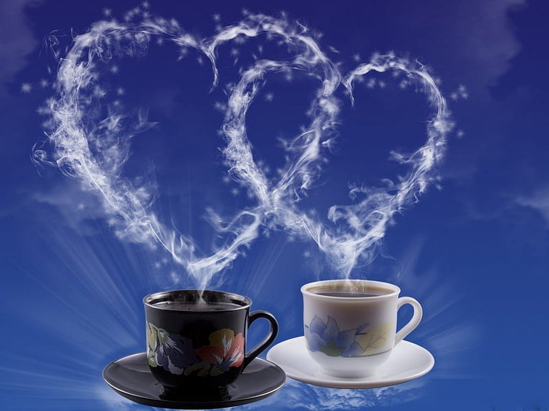 STEAMING HEARTS, coffee, romance, companionship, love, steam, corazones, cups, blue, HD wallpaper