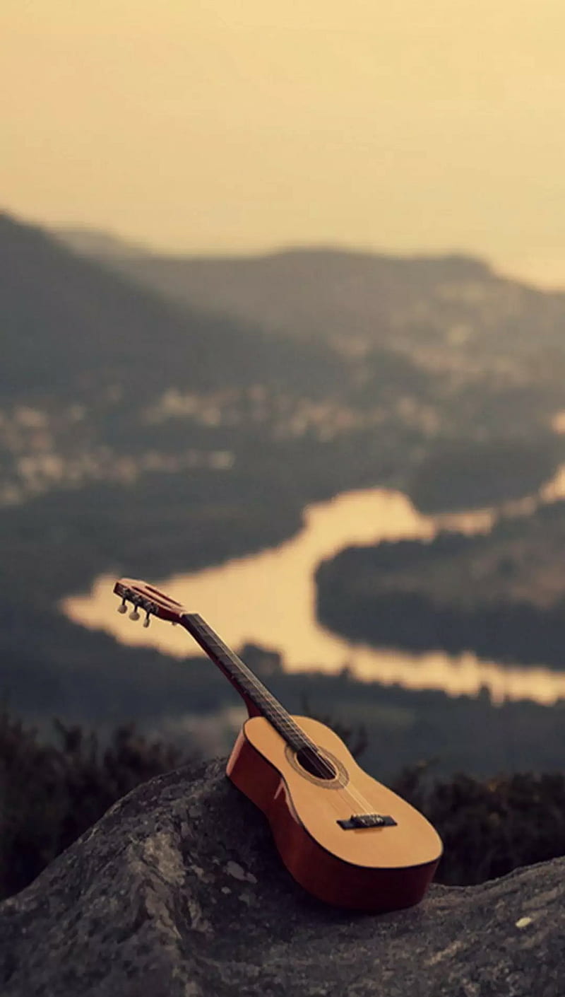 Nature, guitar, hills, river, HD phone wallpaper