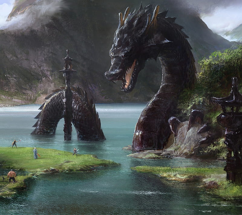 River Dragon, dragon, drake, mountain, ophidian, river, serpent, water, HD wallpaper