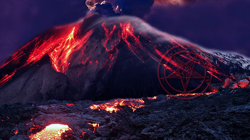 Baphomet Volcano, red, hell, sunset, sigil, volcano, belial, baphomet, lucifer, satan, anton lavey, lava, satanism, fire, paradise, leviathan, devil, landscape, HD wallpaper