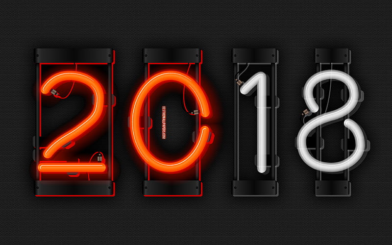 2018 year, neon digits art, metal background, 2018, New Year 2018, metal grid, creative, HD wallpaper