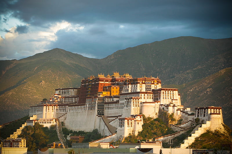 Dalai Lama Summer Home, dalai lama, buildings, home, sky, clouds, modern, arhitecture, mountains, popular, landscape, HD wallpaper
