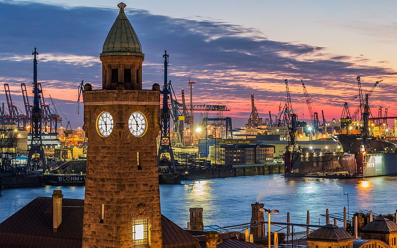Port of Hamburg, Germany, Germany, harbor, port, clock, Hamburg, twilight, HD wallpaper