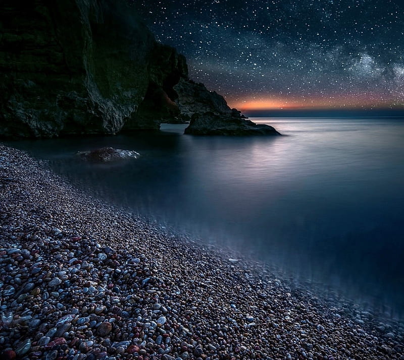 Silent Night, landscape, nature, sea, sky, stars, HD wallpaper