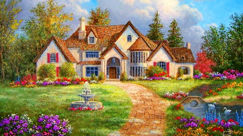 Manor Brook, pond, painting, flower, house, HD wallpaper