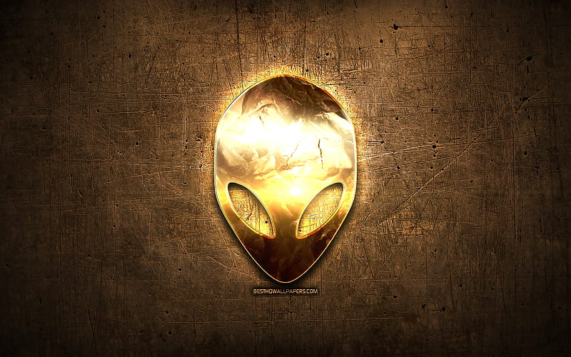 Alienware golden logo, artwork, brown metal background, creative, Alienware logo, brands, Alienware, HD wallpaper