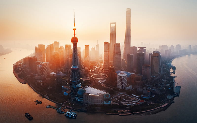 Oriental Pearl Tower, Shanghai, modern city, skyscrapers, morning, sunrise, China, HD wallpaper
