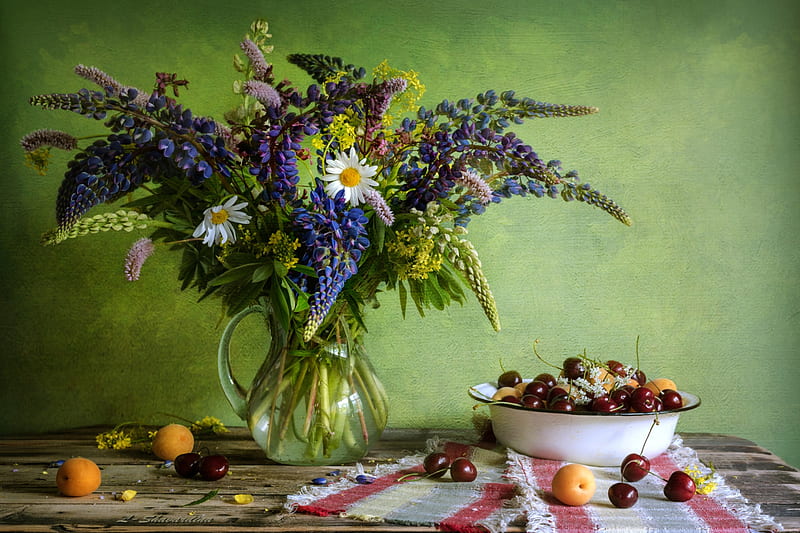 graphy, Still Life, Flower, Bouquet, Cherry, Apricot, Lupine, Fruit, HD wallpaper