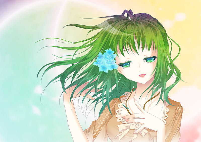 pure beauty, pretty, colorful, pale, clip, aquaeyes, happy, girl, purple, anime, flower, peaceful, beauty, greenhair, backing, lacetop, HD wallpaper