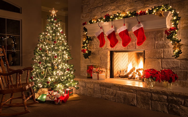 Christmas, evening, Christmas tree, fireplace, socks for gifts, HD wallpaper