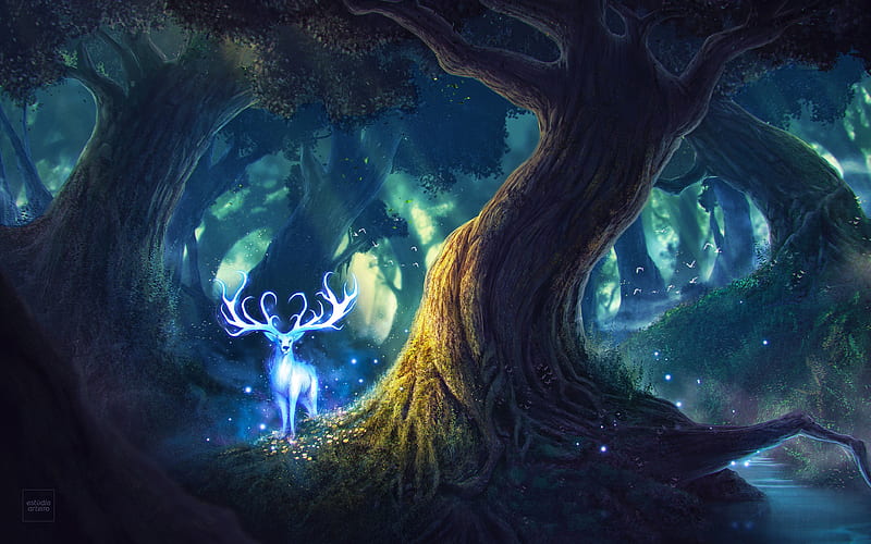 deer, night, magic forest, art, HD wallpaper