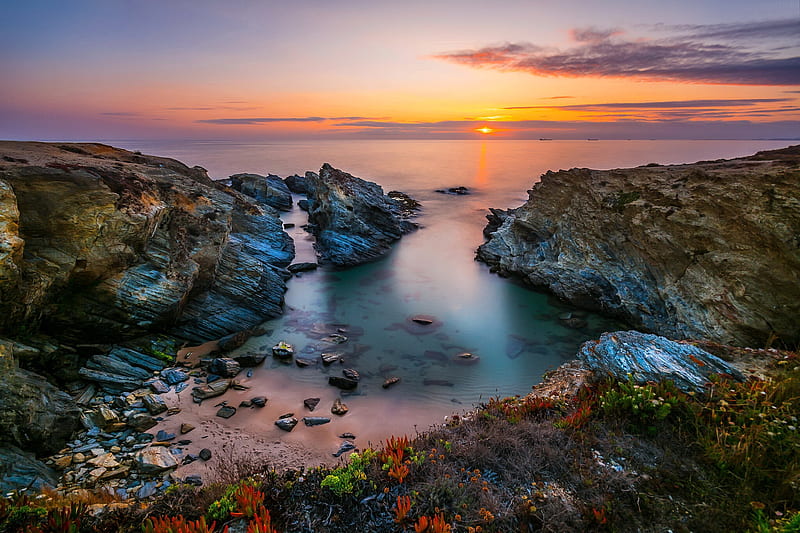 Portugal - the west coast of Sine, rocks, view, Portugal, west, bonito, sunset, coast, sea, HD wallpaper