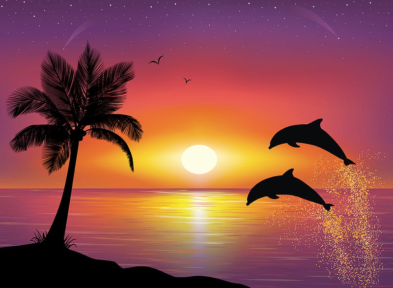 Dolphin's Paradise, art, dolphin, two, ocean, sunset, pink sky, HD wallpaper