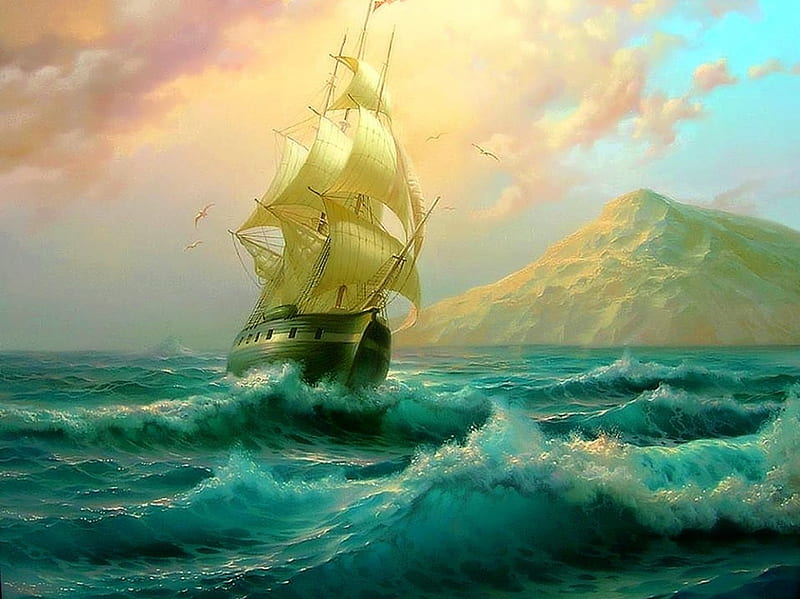 Fine Art, painting, bonito, ship, sea, HD wallpaper