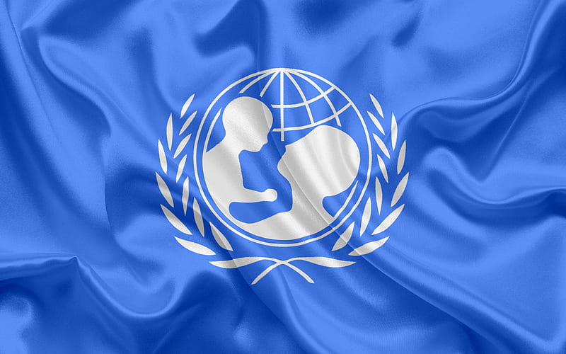 Flag of the Unicef, symbols, Unicef logo, blue silk flag, United Nations International Childrens Emergency Fund, HD wallpaper