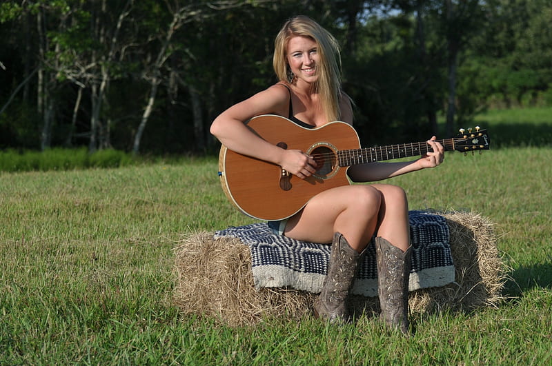 Cowgirl Playing the Guitar, bale, cowgirl, grass, boots, blonde, blanket, trees, hay, guitar, field, HD wallpaper
