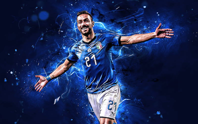 Fabio Quagliarella, joy, Italy National Team, footballers, goal, Quagliarella, soccer, neon lights, Italian football team, HD wallpaper